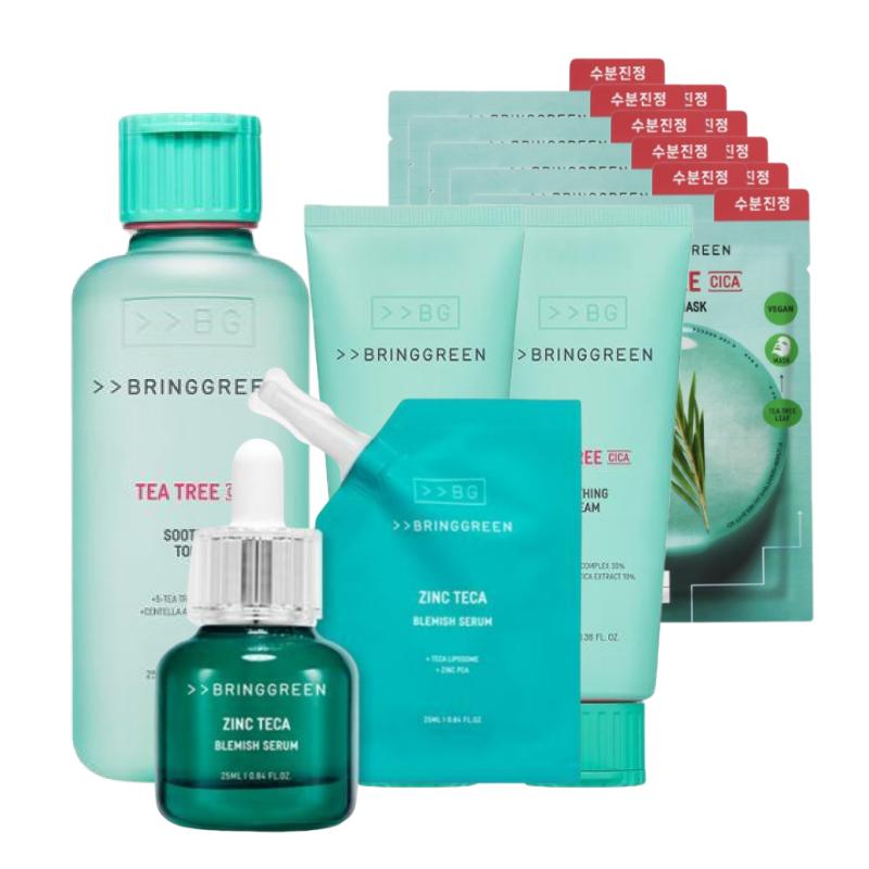 

BRING GREEN Tea Tree Cica Calming 4-Step Set (Tea Tree Mask 10 Sheets + Soothing Toner 250ml + Serum 50ml + Cream 200ml) Acne & Barrier Care