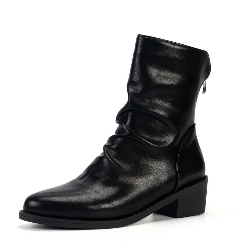 Fashion pleated Martin boots ankle boots new women's thick heel medium heel short boots women's large size