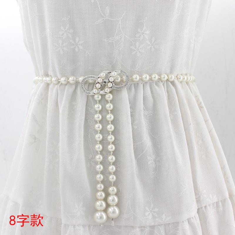 Mei Mary Women's korean style sweet bow dress with pearl waist chain - ladies' fashion decorative slim belt