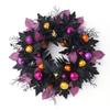 Halloween Front Door Wreath, Artificial Floral Wreath with Black Purpler Leaves Hanging Decoration for Front Door Entryway Wall