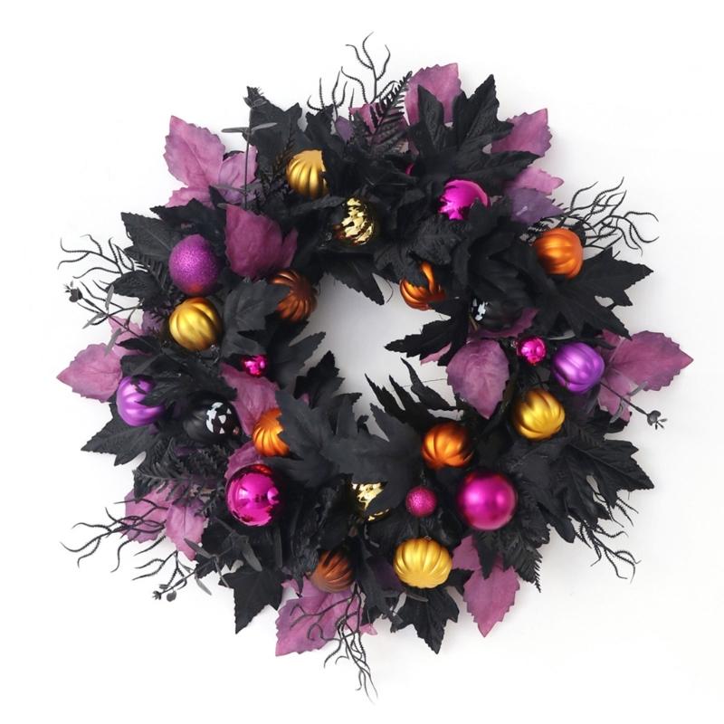 Halloween Front Door Wreath, Artificial Floral Wreath with Black Purpler Leaves Hanging Decoration for Front Door Entryway Wall