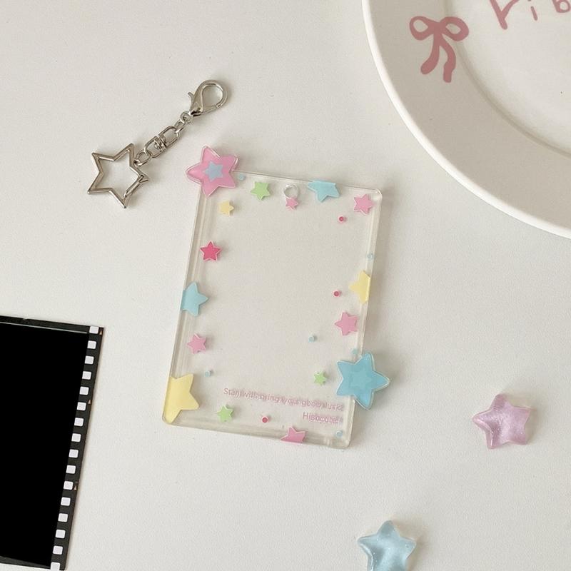Star Print Photo Card Case with Keychain Clip 3Inch Photo Protectors Waterproof Acrylic Card Covers for Badges Photos