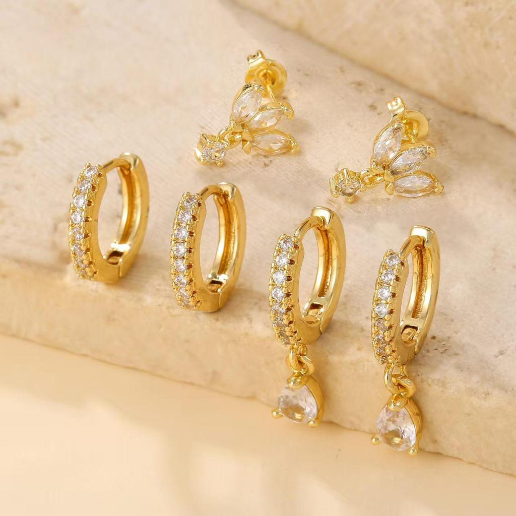 European & American Gold-Plated Brass Zircon Water Drop Pendant Earring Set for Women