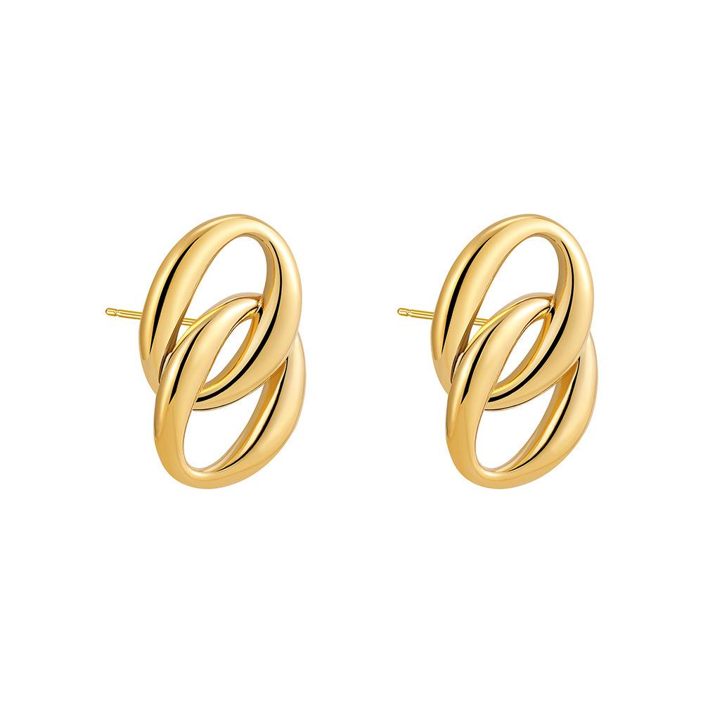 Gold Double Ring Oval Stud Earrings - European & American Style, Polished Stainless Steel, Simple & Elegant Circle Jewelry