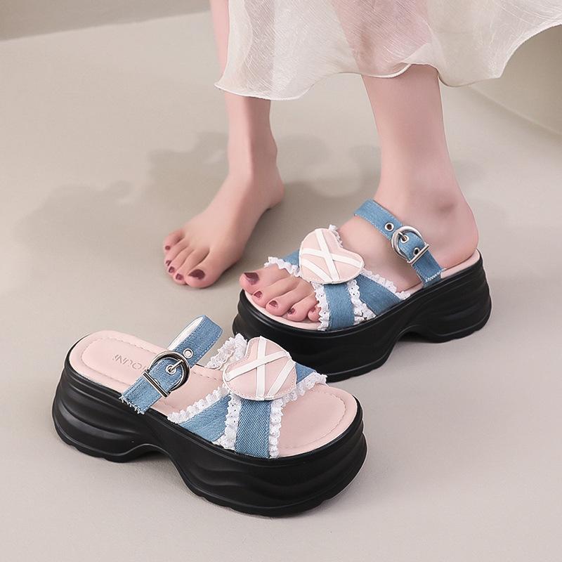 Dopamine Thick-bottomed Muffin Slippers Women's 2025 Summer New Korean Version Fashionable and Cute Student Casual One-word Cool Slippers