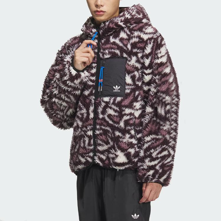 Adidas Originals Reversible Allover Print Fleece Zip-Up Hooded Jacket Unisex Jackets Dark-Purple Mysterious-Oxidized-Red JD6368