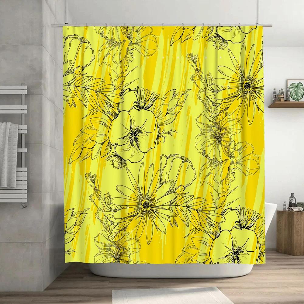 Hand-Drawn Floral Shower Curtain Yellow Color With Black Flowers For Bathroom Decoration Waterproof Fabric Material