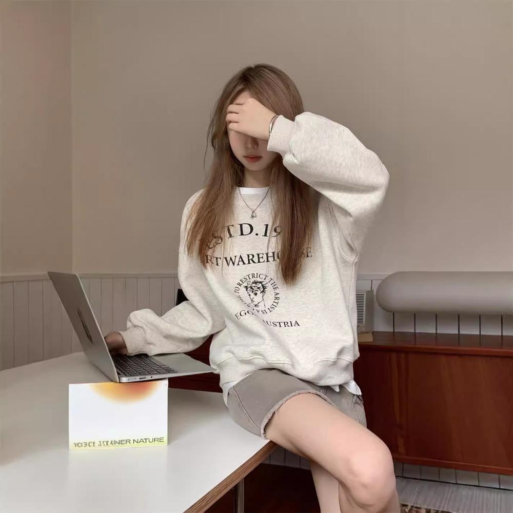 American Loose White Gray Printed Round Neck New Hoodie for Women with Thick Velvet Top