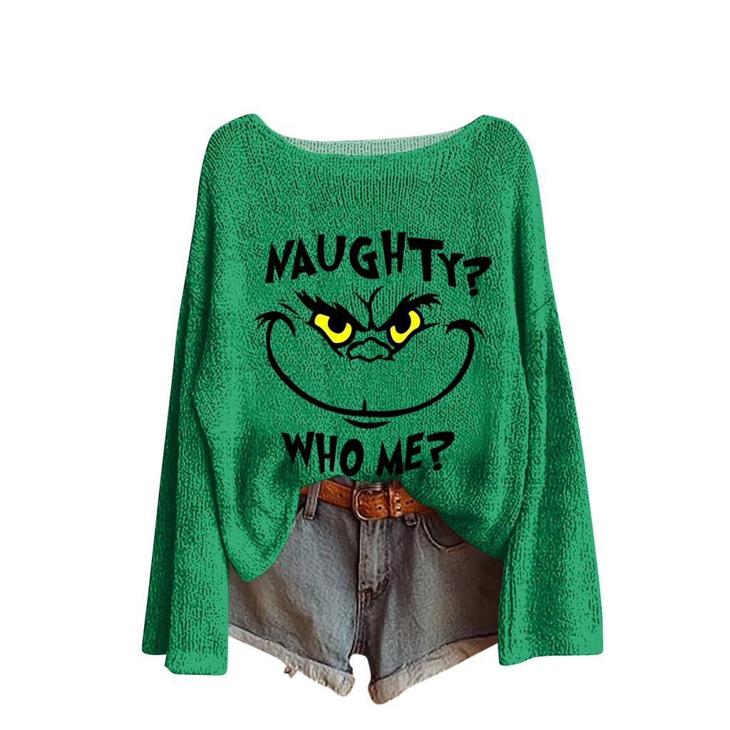 Dame Rund hals Lett genser Casual Langermet Juleprint Strikket Pullover.