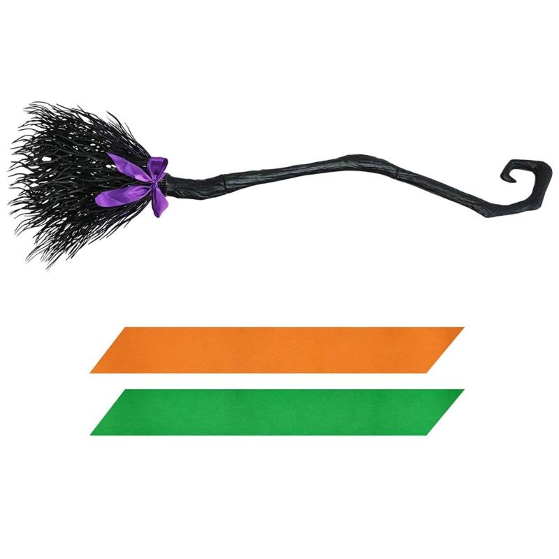 Halloween Party Witch Broom Plastic Broomsticks Kid Broom with Ribbons Props for Halloween Cosplay Costume Party Decor