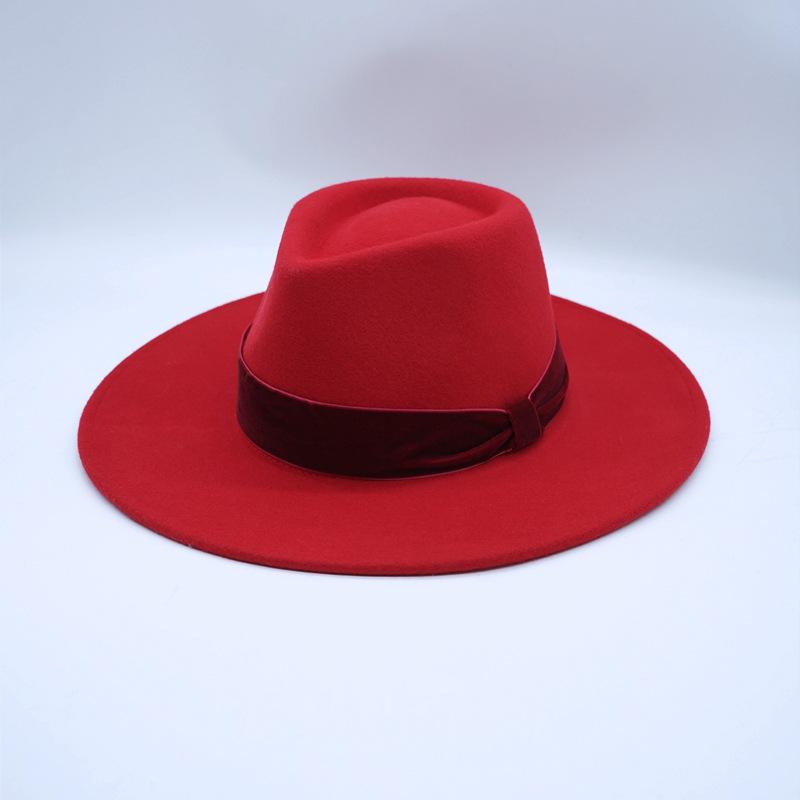 Dámský červený jazzový klobouk z vlněné plsti - Podzim Zima Retro Široká krempa
