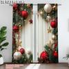 2Pcs Festive Golden And Red Ball Pine Leaves Design Christmas Window Curtains Polyester Rod Pocket Design For Living Room
