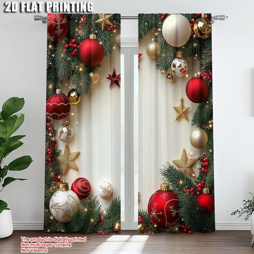 2Pcs Festive Golden And Red Ball Pine Leaves Design Christmas Window Curtains Polyester Rod Pocket Design For Living Room