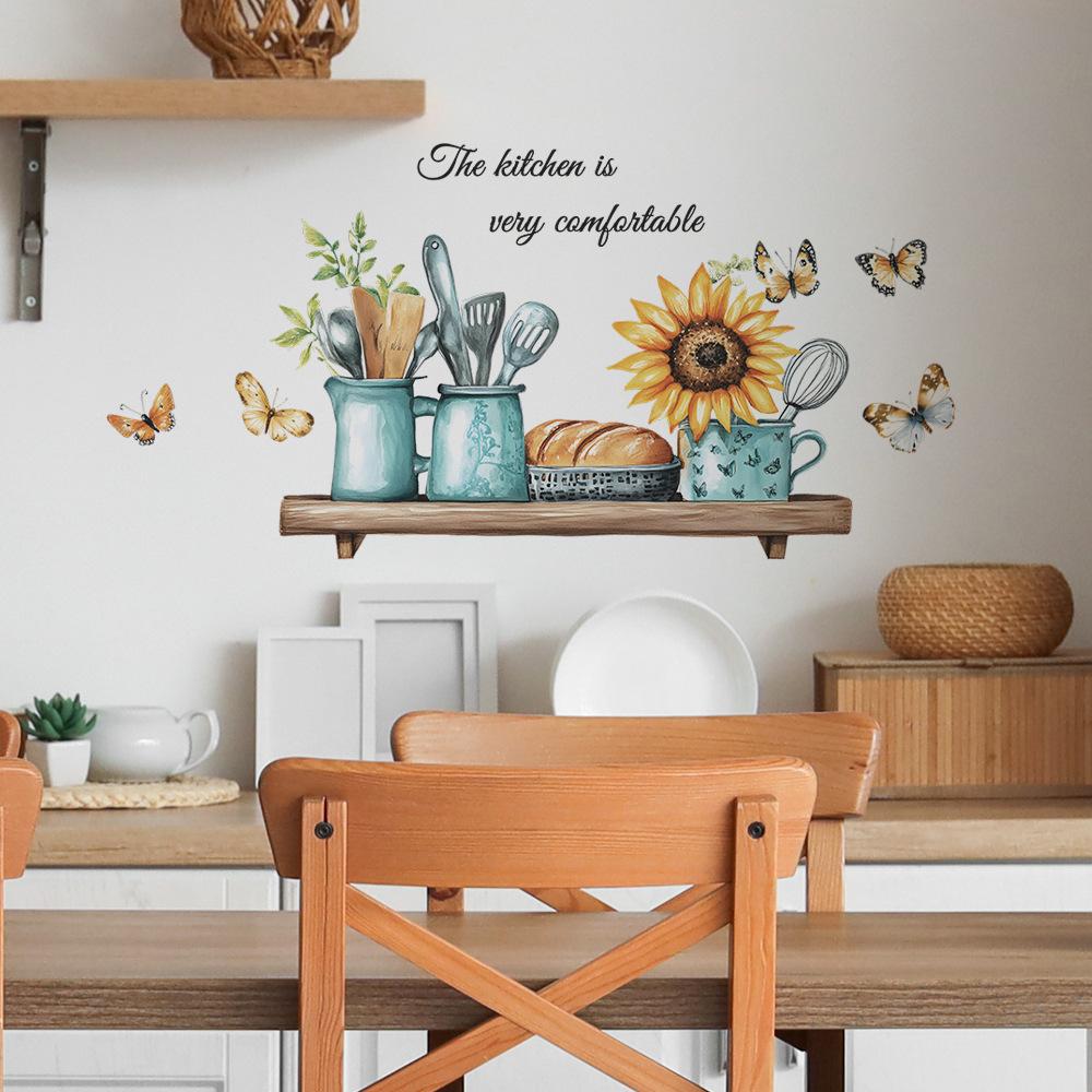 Kreatives Küchengeschirr mit Sonnenblumen und Schmetterlingen Wandaufkleber Selbstklebend Abnehmbar für Küche Esszimmer Hintergrund Heimdeko