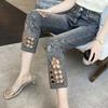 VIONA Y2K Denim Jeans Korean Style Women's Pants Straight Leg Elastic Eight Points Brick Pattern Slimming High Waist Hollow Embroidery