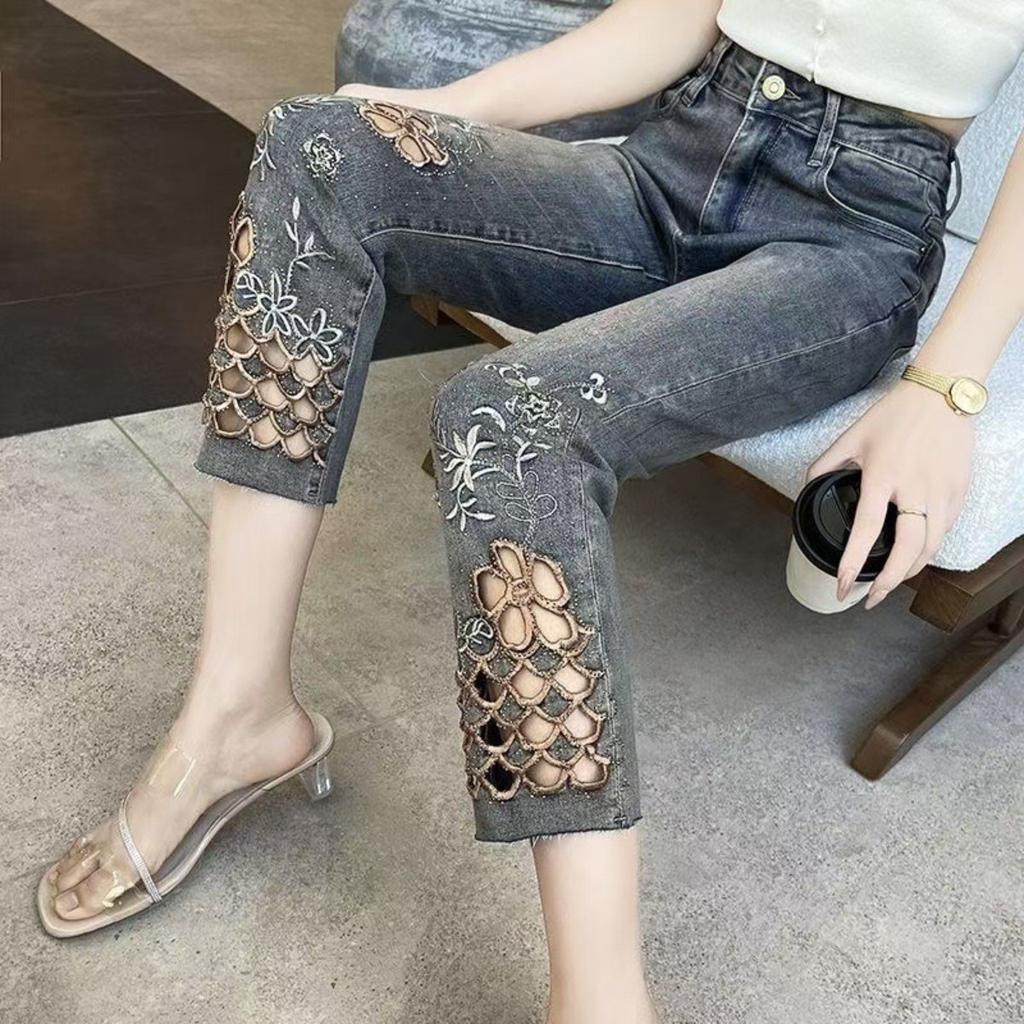 VIONA Vaqueros de Mezclilla Y2K Estilo Coreano Pantalones de Mujer Pierna Recta Elásticos Ocho Puntos Patrón de Ladrillo Adelgazantes Cintura Alta Bordado Hueco