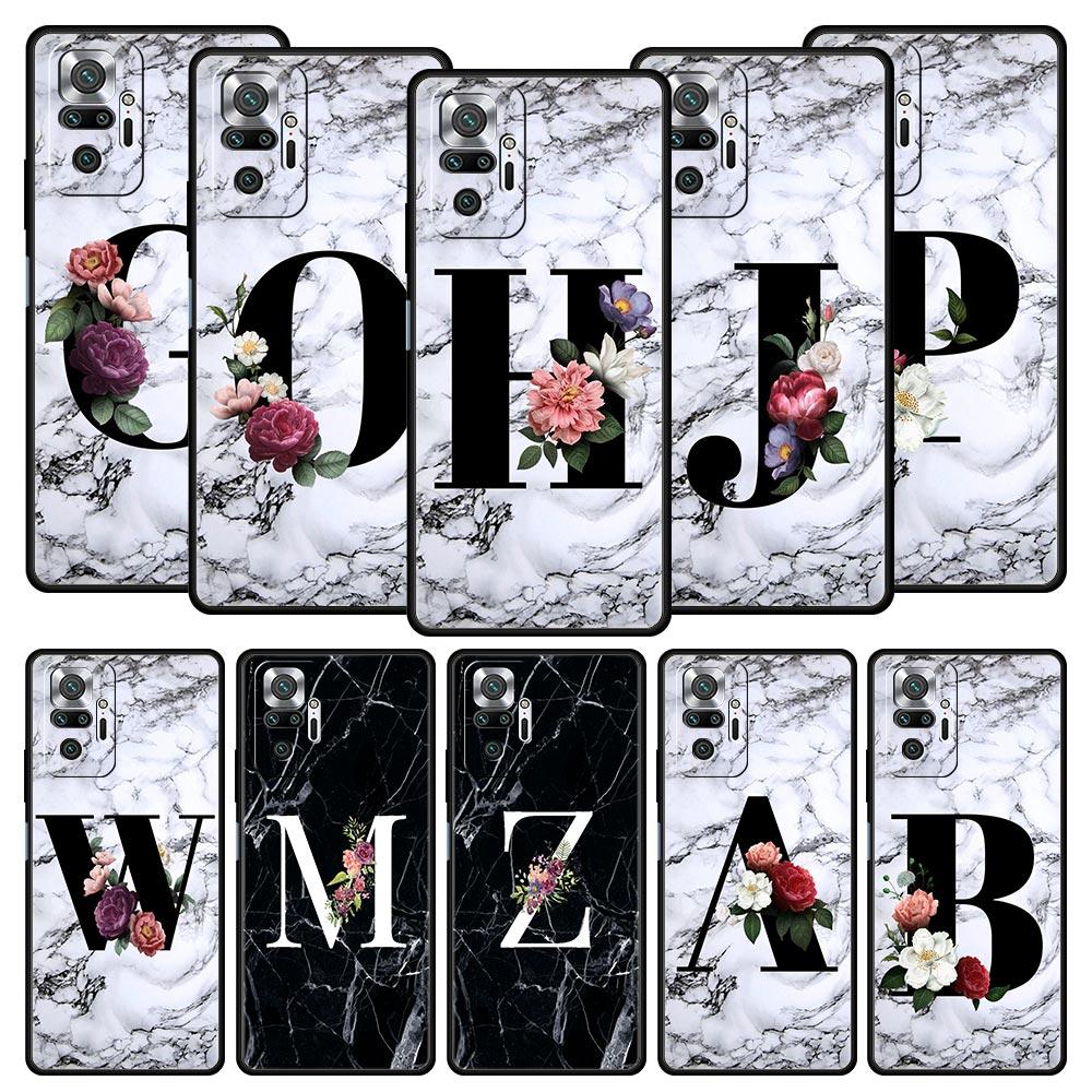 Letters Flower English Marble Phone Case For Xiaomi Redmi Note 14 13 5G 10 11 12 Pro Plus 4G 14C 13C 12C 10C Black Cover