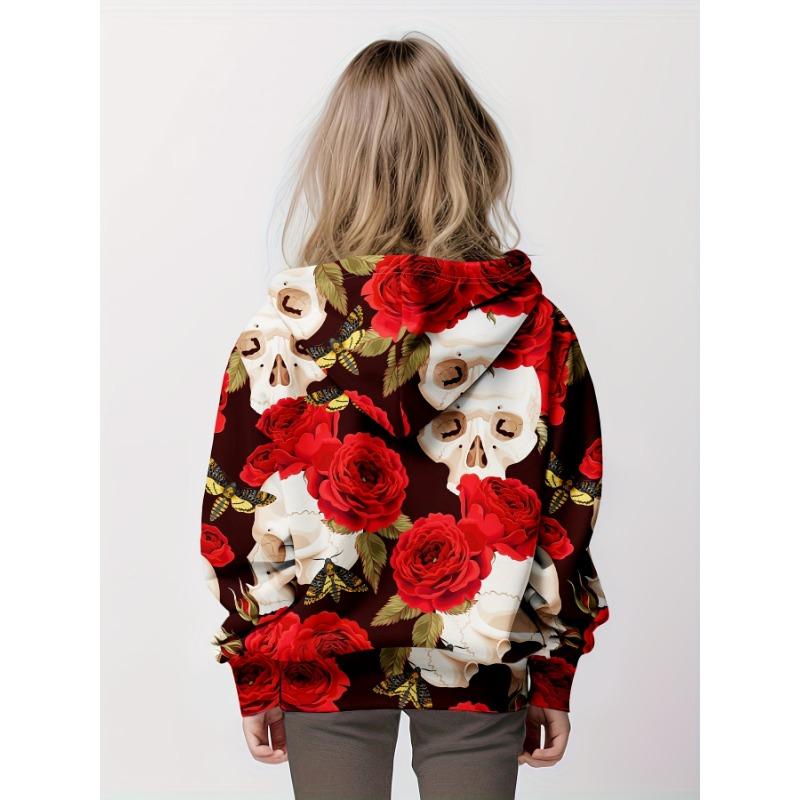 Totenkopf Blumen Print Mädchen Hoodies Lässig Täglich High Street Sweatshirt Locker Bequeme Passform Halloween Pullover Tops Jugend Kinder