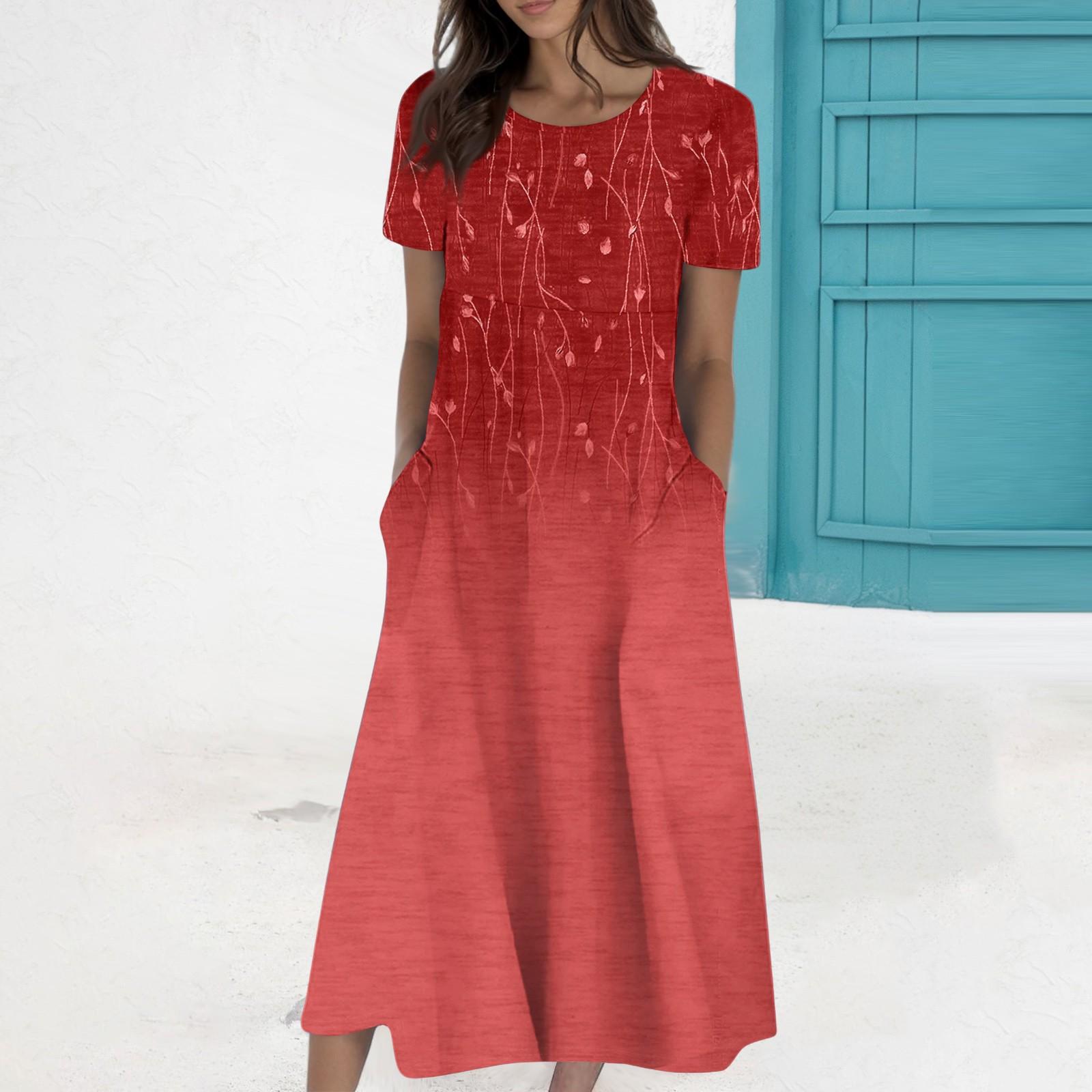 

Женское летнее повседневное модное платье с коротким рукавом и карманом с круглым вырезом L красный