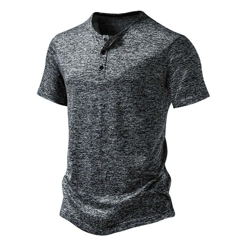 

New Summer Men s Training Short Sleeve T Shirt Casual Henry Neck Solid Quick Dry T Shirts Basic Gym Running Fitness Top Tees S темно-серого