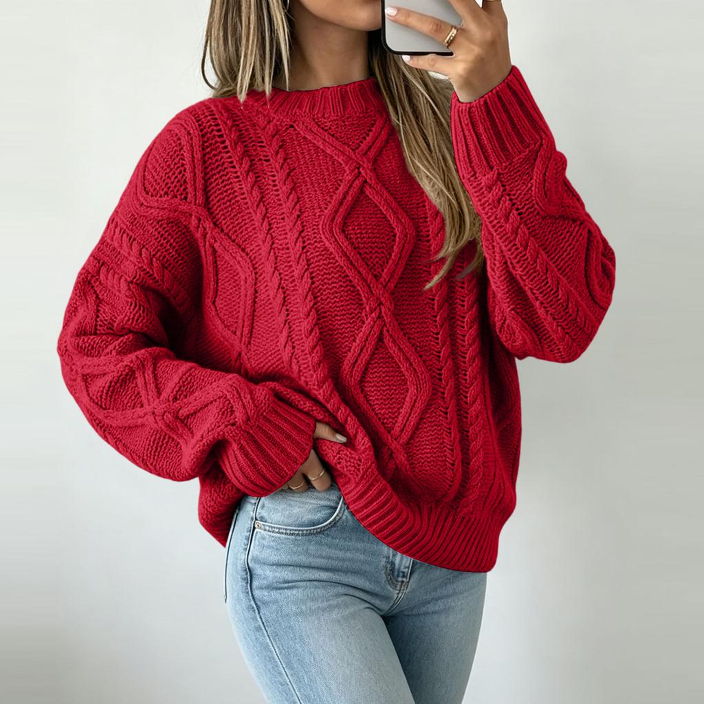 Women's Cable Knit Pullover Sweater - Loose Fit Neck Casual Top for Everyday Wear