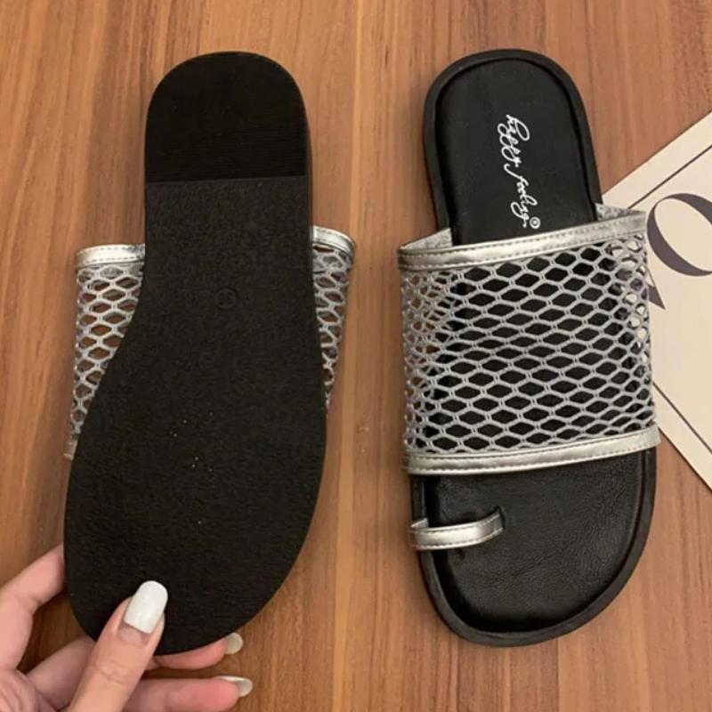 

Fashion Mesh Breathable Flat Slippers Women Summer Sexy Open Toe Outdoor Soft Sole Casual Shoes Comfort Non-slip Vacation Beach Sandals 40 серебряный