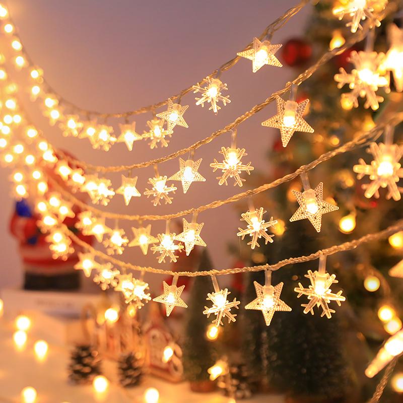 Christmas String Lights LED Acrylic Clear Star Snowflake Xmas Tree Long Lamp Strings Light Hanging Ornaments Home Party Decor