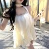 French Apricot Nail Drill Suspender Dress Women's Summer Ruffle Edge Loose Short Skirt Design Sense Pure Desire a Word Skirt.
