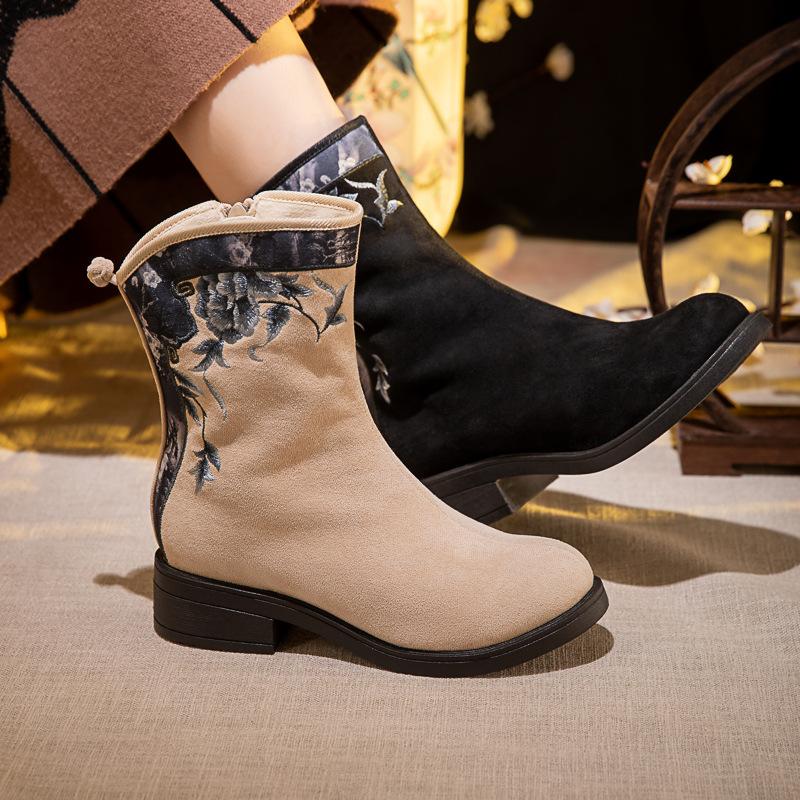 Winter Warm Snow Boots for Women Low Heels Embroidered Ankle Booties Shoes Women's Chunky Block Heeled Faux Fur Lining Walking Boots With Side Zipper