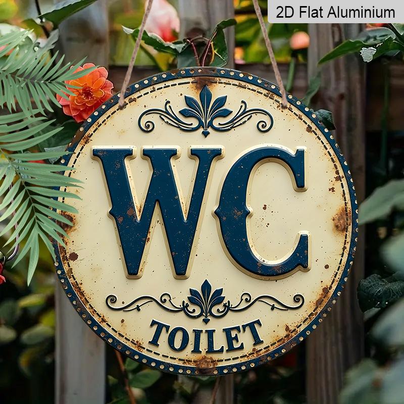 2D Flat, 1pc Vintage WC TOILET Round Metal Sign, Retro Blue And White Decorative Plaque With Rustic Pattern, Funny Bathroom Restroom Wall Art, Ideal
