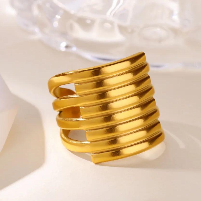 Stainless Steel Bold Multi - Layer Lines Rings For Women Gold Color Geometric Punk Ring Wedding Christmas Jewelry Gift