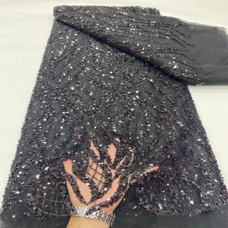 Lyxig Afrikansk Pärlbroderad med Paljetter Spets Tyg Hög Kvalitet Brudgum Nigeriansk Bröllopsklänning Brudbroderi Fransk Tyll Sömnad