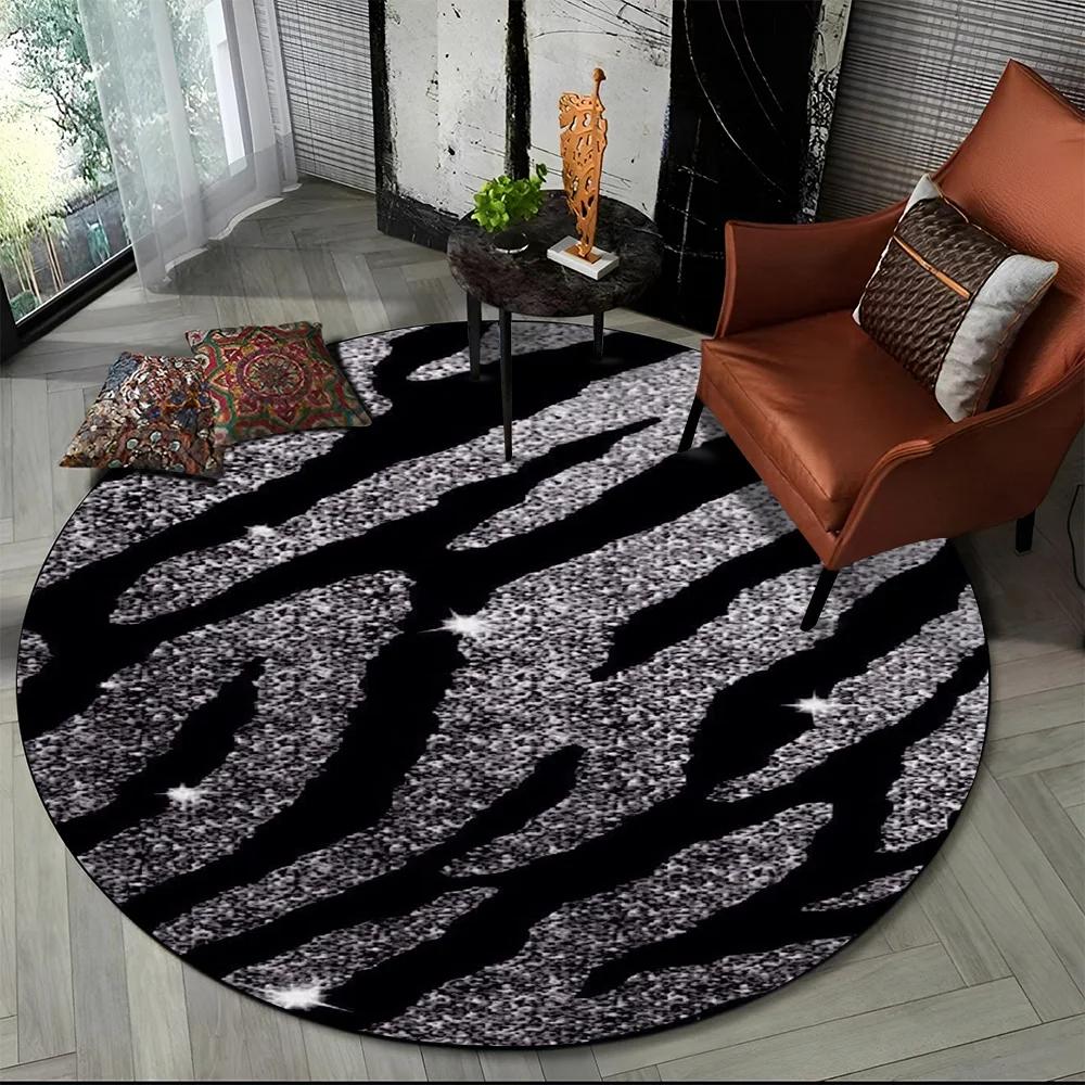 3D Barevný Pruhovaný Vzor Zebra Kulatý Koberec pro Obývací Pokoj, Ložnici, Dětský Herní Koutek Dekor, Protiskluzová Podložka do Zóny pro Domácí Mazlíčky