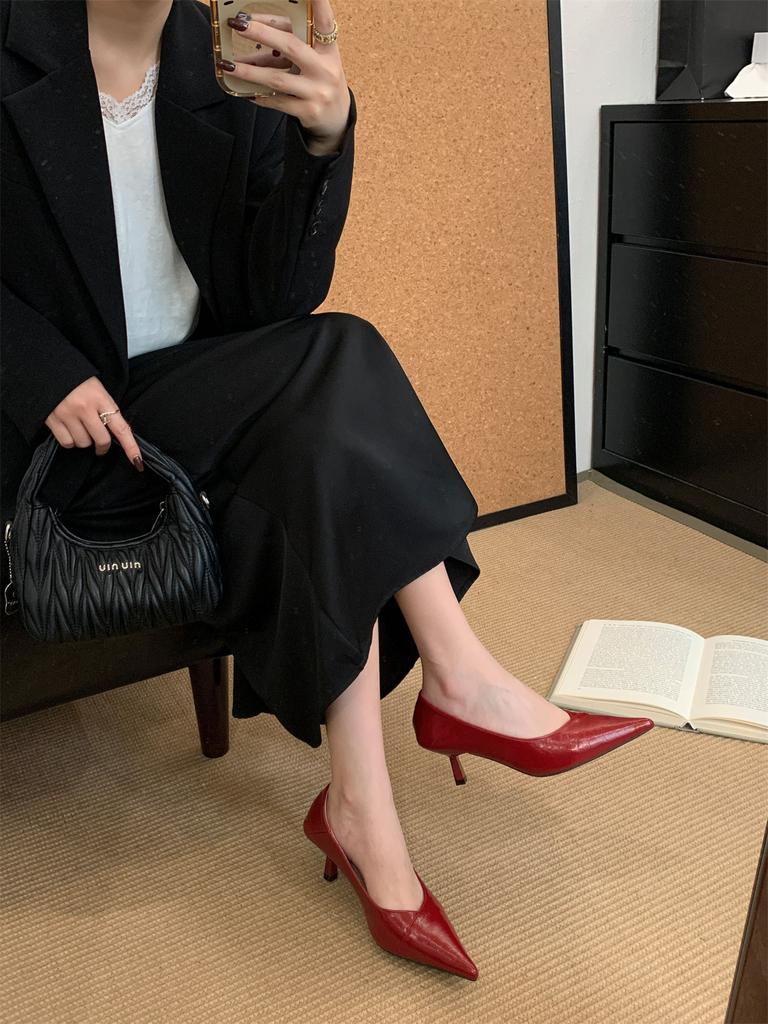 Commuter Daily! Cold Pointed Head Shallow Mouth Single Shoes Women's Spring Middle Heel Stiletto Shoes Fashion French High Heels