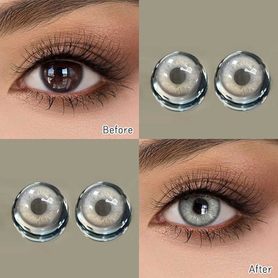 FreshLady 1 Pair (2pcs) 14.2mm Yearly Disposable 40% Water Content Colored Contact Lenses, Green, Gray, Brown