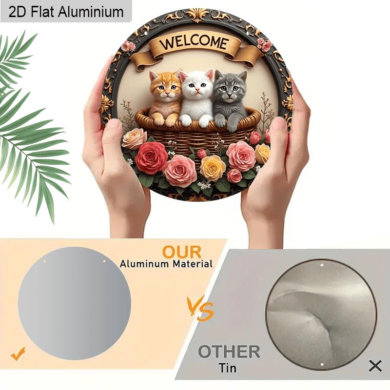 2D Flat Aluminum Welcome Sign Round Metal Sign with Cute, Rustic Farmhouse Spring Summer Porch Wall Hanging for Cat Lovers, Pre-Drilled Holes for