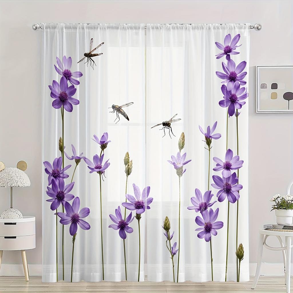 Glam Style Semi-Sheer Curtain 2Panels Rod Pocket Hanging Twill Weave Polyester Curtains for Bedroom Kitchen Floor Window Blinds