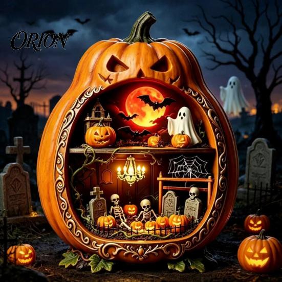 Detailed Halloween Scene Decor Centerpiece Pumpkin, Wooden Pumpkin Ornament with Miniature Scenes, Rustic Home Accents Skeleton for Farmhouse