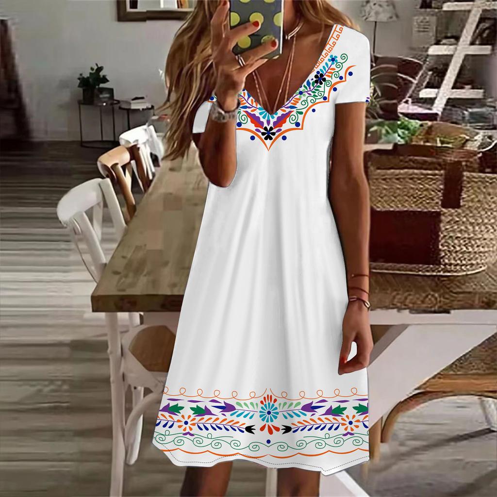 Summer Fashion Women's V Neck Short Sleeve Retro Printed  Dress Sex Short Skirt Dresses