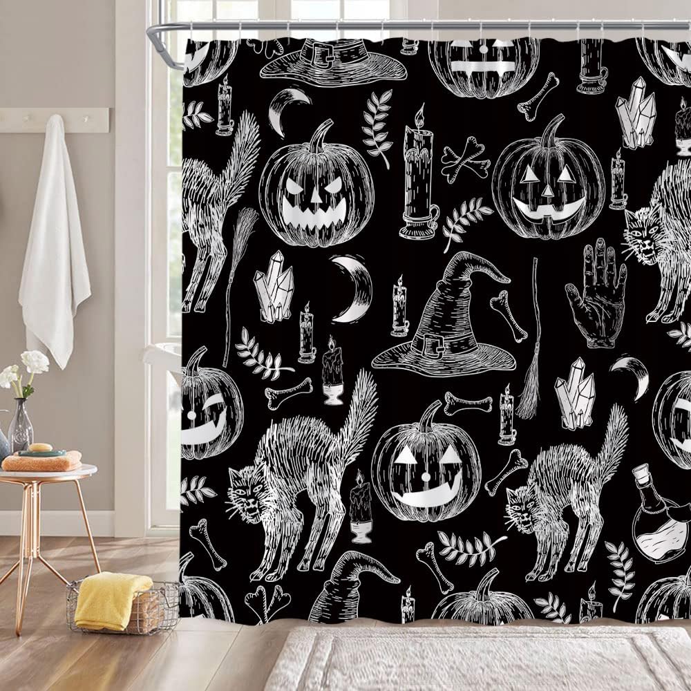 Halloween Skull Shower Curtain Black Spooky Skull Skeleton Horror Pumpkin Funny Gothic Day Of The Dead Happy Halloween Fabric