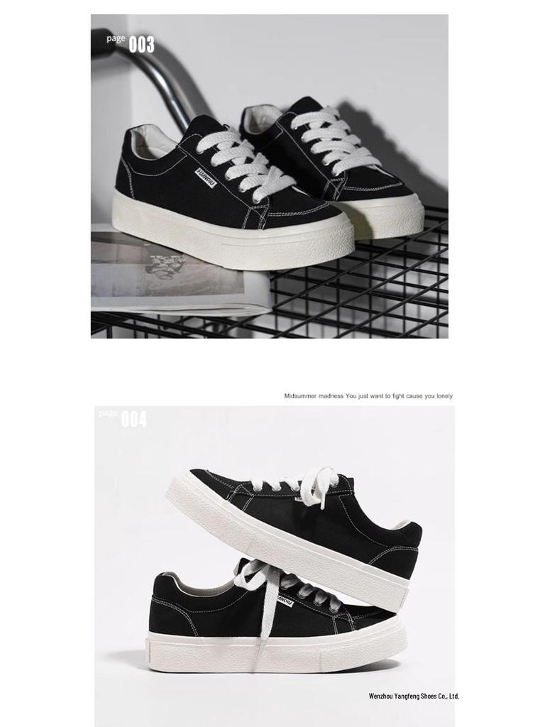 Men's 2025 Spring Black Canvas Thick-Soled Sneakers - Casual & Versatile for Students and Couples