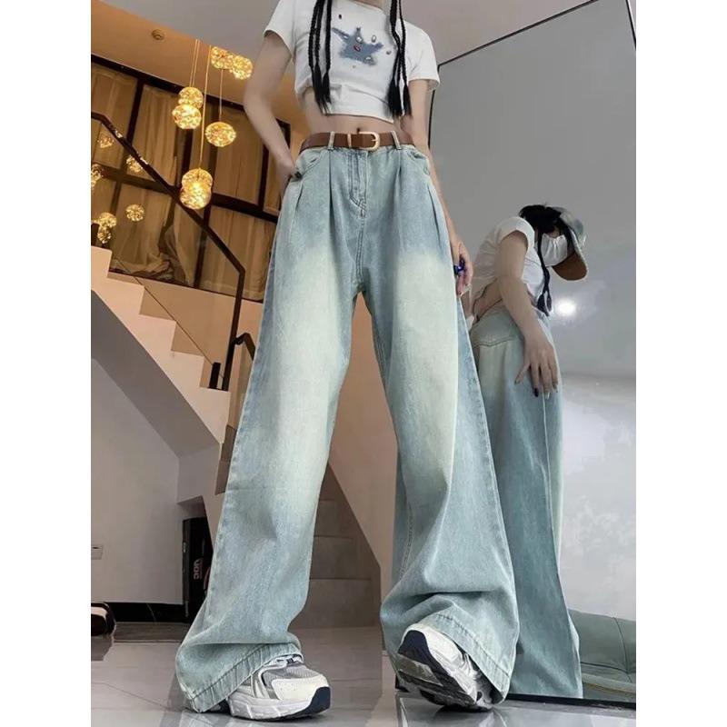 Blue-gray Wide-leg Jeans Women's Spring New High-waisted Straight Loose Niche Design Mopping Pants