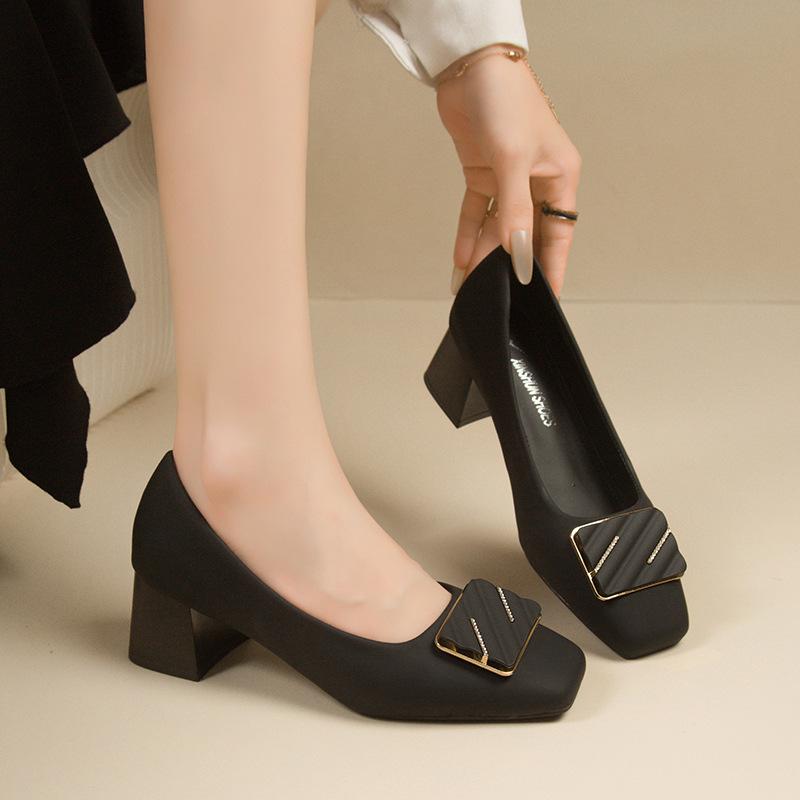 Spring single shoes women's 2024 new versatile white square heel square root thick heel square head light color women's beautiful high heels