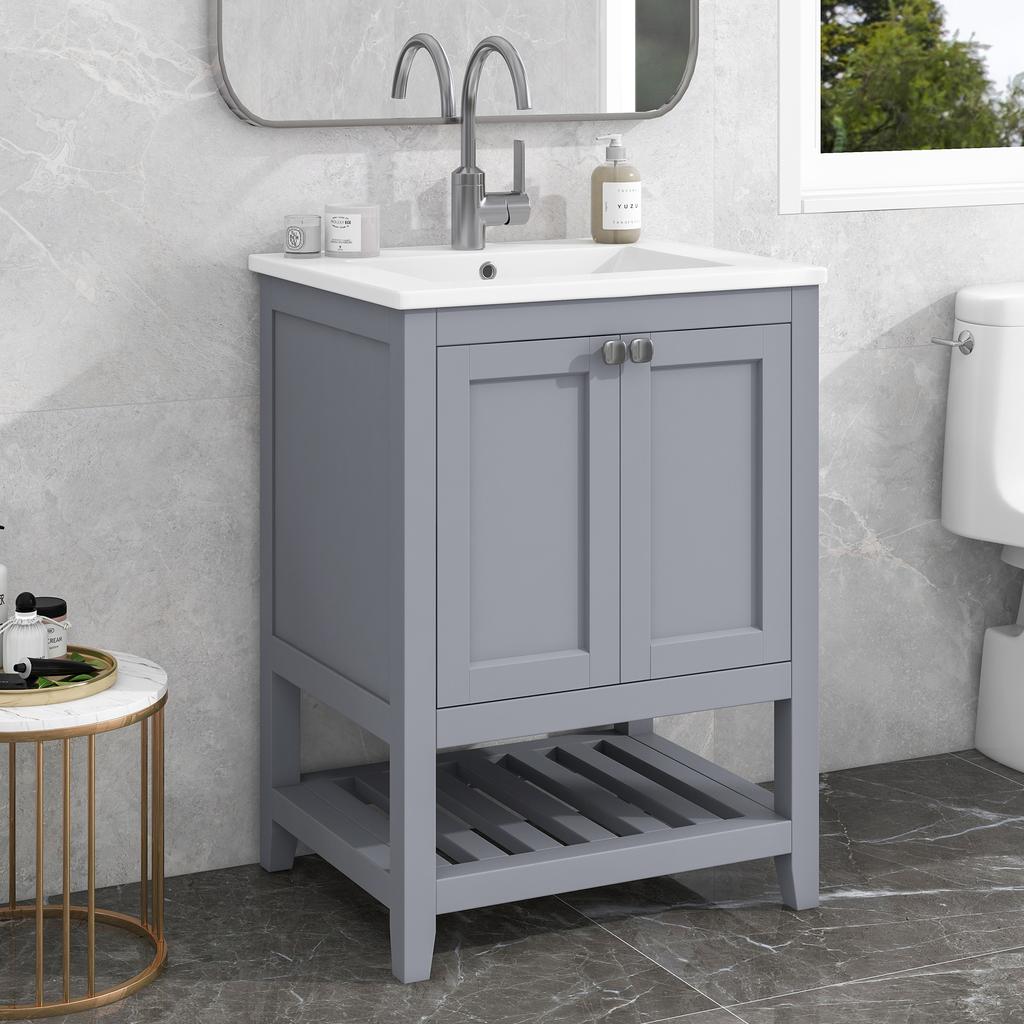 Bathroom Furniture Single Vanity with Base Cabinet 60cm with Ceramic Washbasin, Light Gray