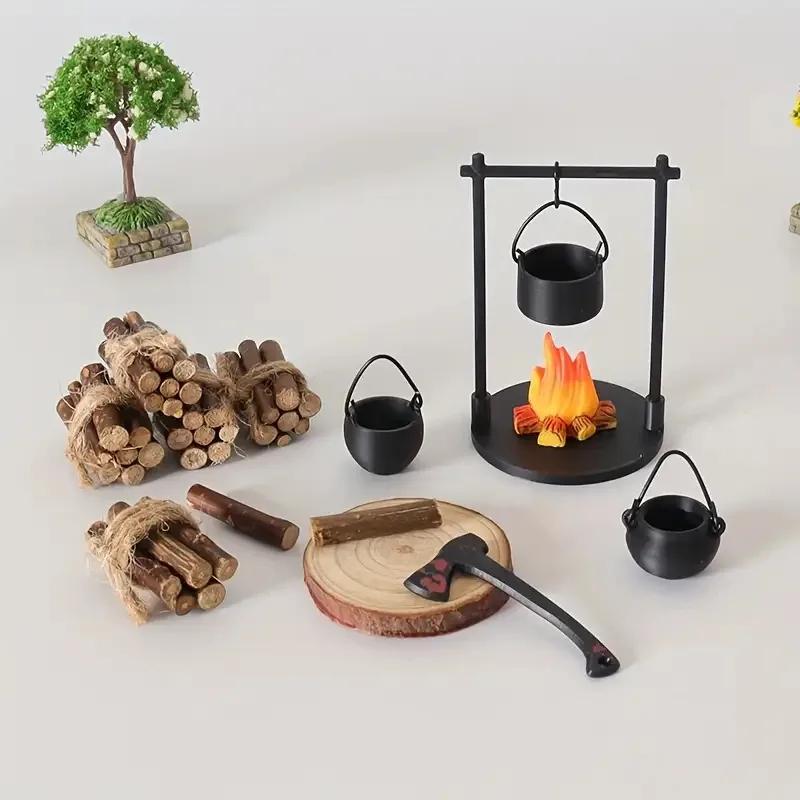 Mini Campfire and Teapot Miniature Statue Ornament Home Kitchen DIY Craft Accessories Desktop Photo Props Decor New Year Gifts
