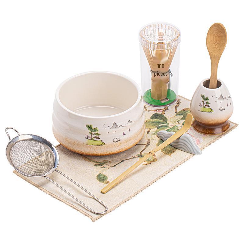 Japanese Ceramic Matcha Tea Set: Large Bowl, Whisk, Sieve, and Bamboo Whisk - 8 Pieces