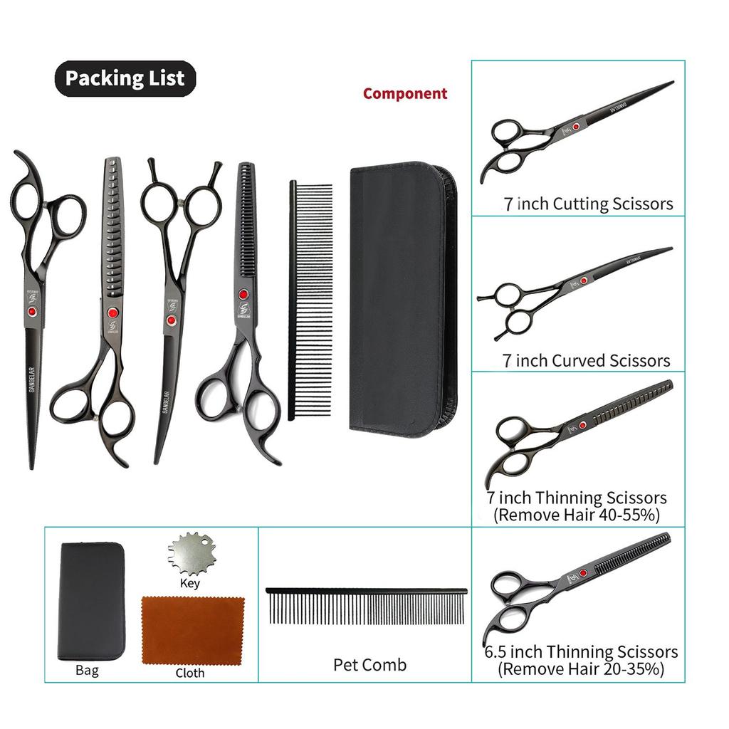 SANGELAR Pet Grooming Scissors Set,Includes Straight, Curved, and Thinning Shears, 20%-55% Fur Thinning, Available In Round Tip Options