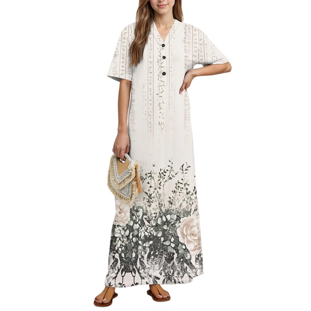 Women's Fashion Printed Nightgown Home Clothes Short Sleeve Nightgown With Pockets Long Dress