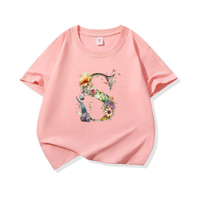 Kids Cotton T Shirt Floral Letter S Print Crew Neck Short Sleeve Tee Casual Boys Girls Summer Tops