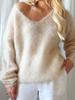 Soft and Fluffy V-Neck Long Sleeve Sweater Women's Autumn Winter Pullover Solid Color Lazy Style Loose Knit Top